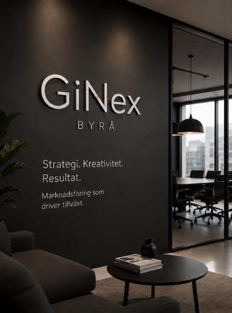 GiNex Byrås kontor med logotyp och budskapet Strategi, Kreativitet, Resultat